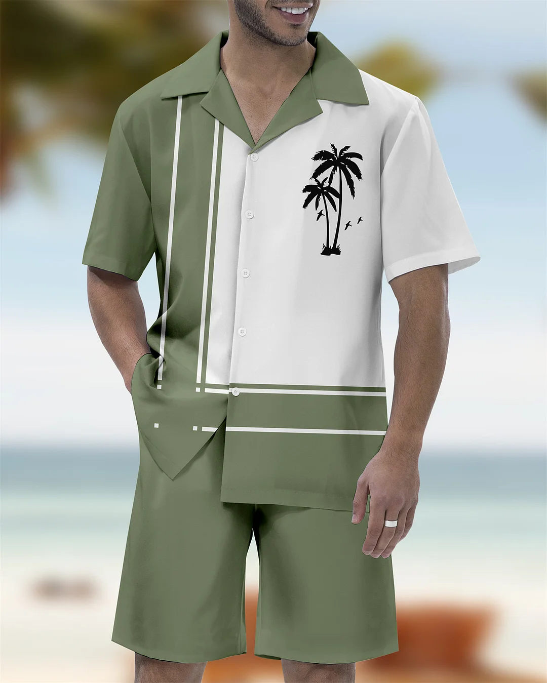 Men's Casual Vacation Hawaiian Cuban Collar Short Sleeve Shirt Set