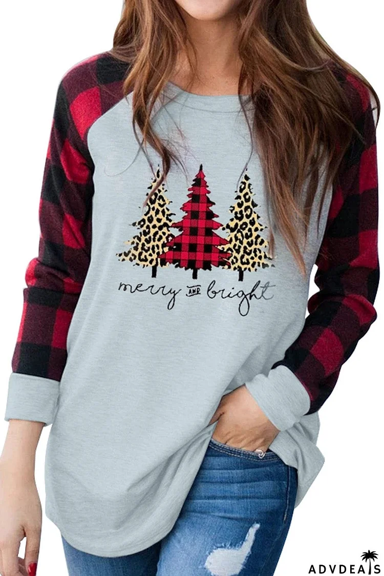 Christmas Pattern Plaid Splice Long Sleeve Top