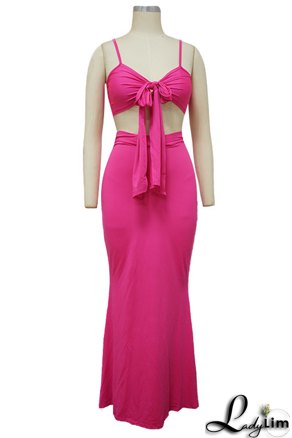 Tangerine Red Sexy Solid Split Joint Spaghetti Strap Sleeveless Two Pieces