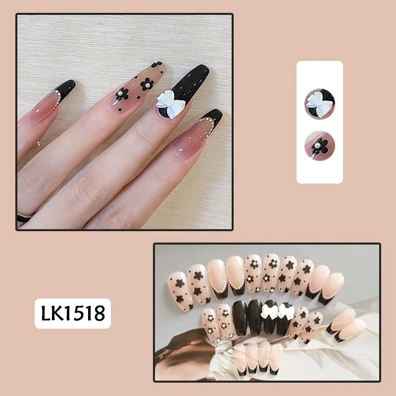 24pcs Butterfly Print Nails Patch Glue Type Long Paragraph Fashion Manicure Patch False Nails Save Time Nail Patch New SANA889-Nail Inspo