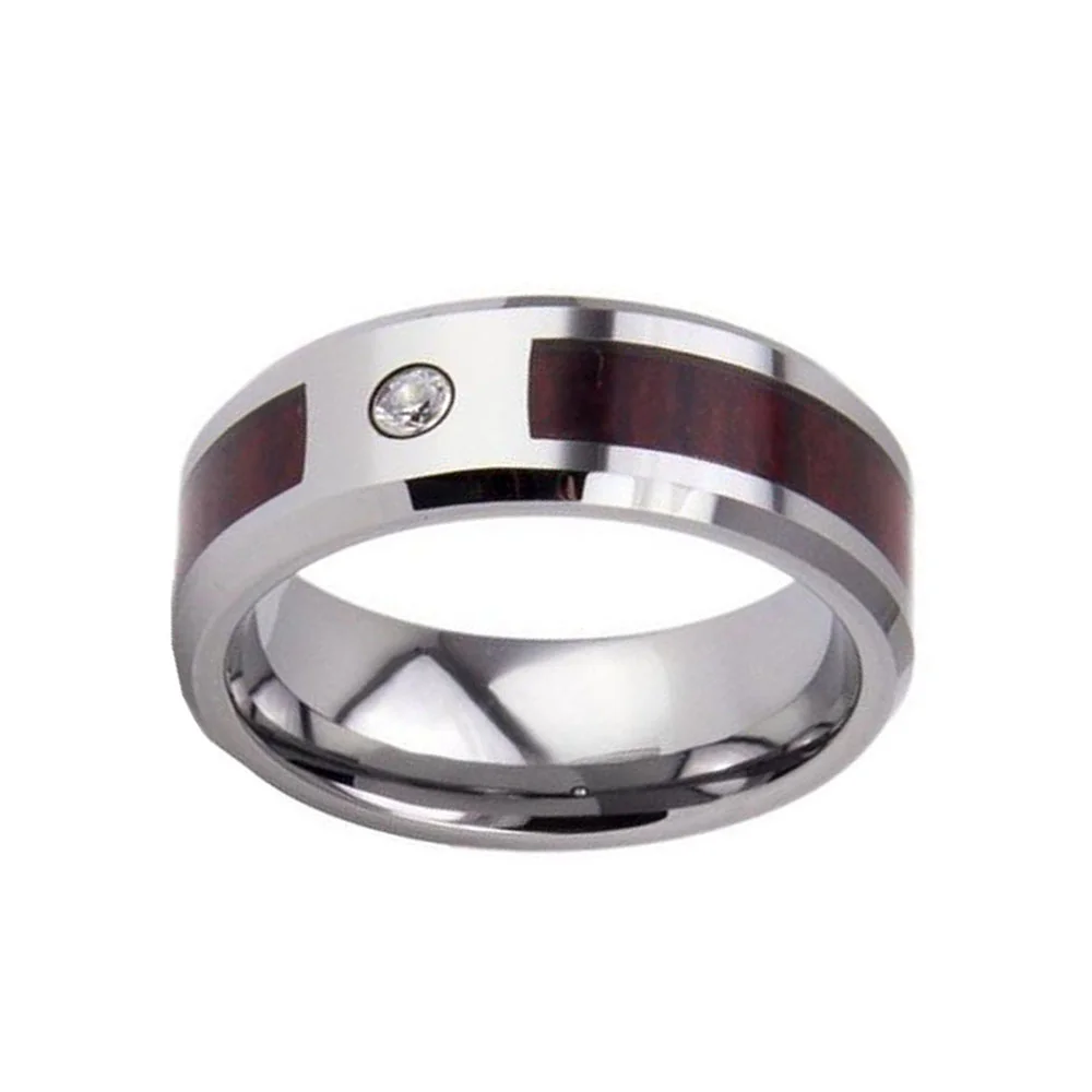 8MM Tungsten Carbide Ring Zircon With Red Wood Inlay For Men Wedding Band Comfort Fit