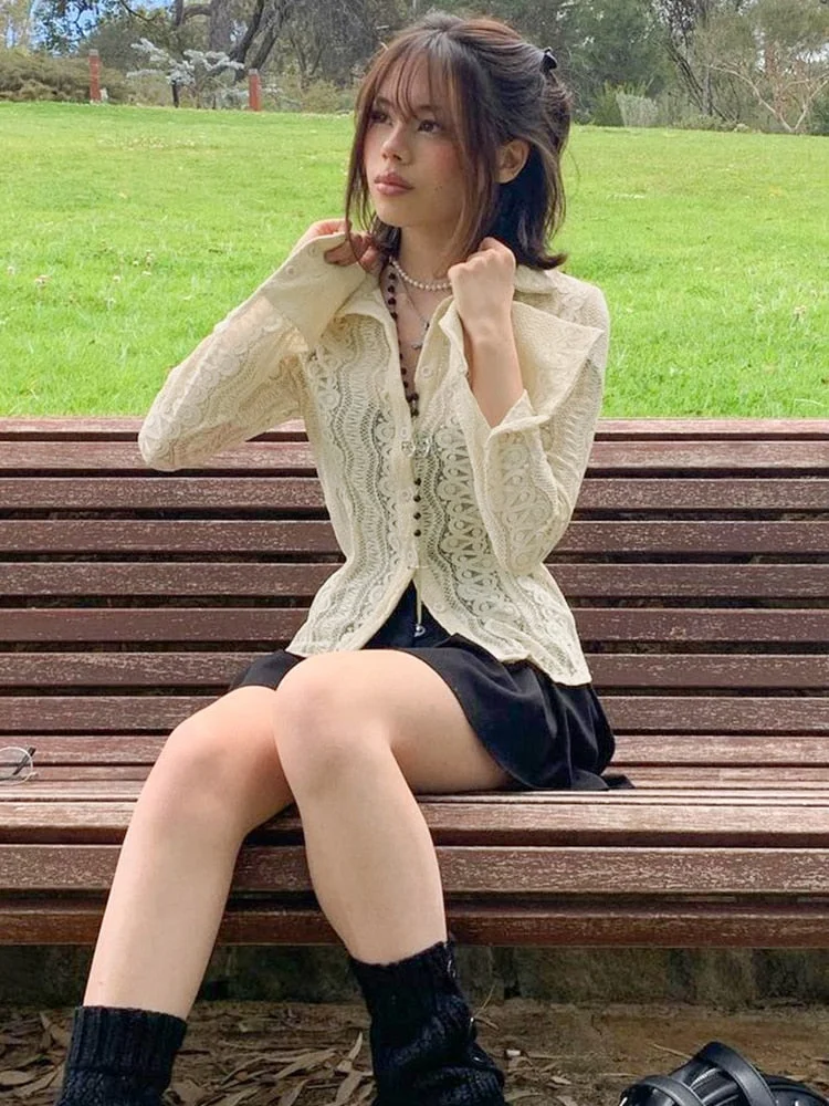 Rapcopter y2k Lace Crop Top See Through Button T Shirt Cute Full Sleeve Turn Down Collar Elegant Tee Women Retro Korean Chic Top