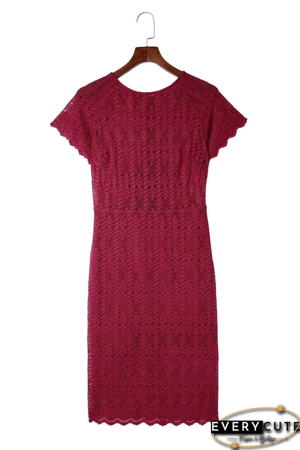 Red Crochet Short Sleeves Lined Midi Dress