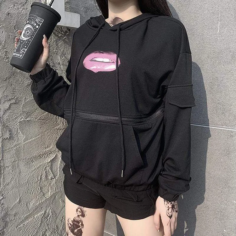 Street Hooded Lips Pattern Zip-up Detachable Hem Long Sleeve Hoodie 