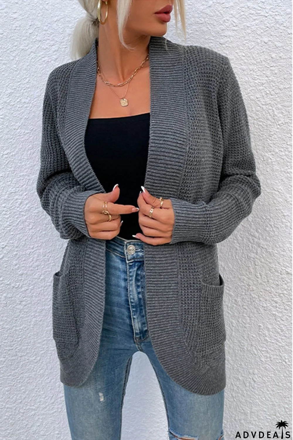 Open Front Rib-Knit Cardigan with Pockets