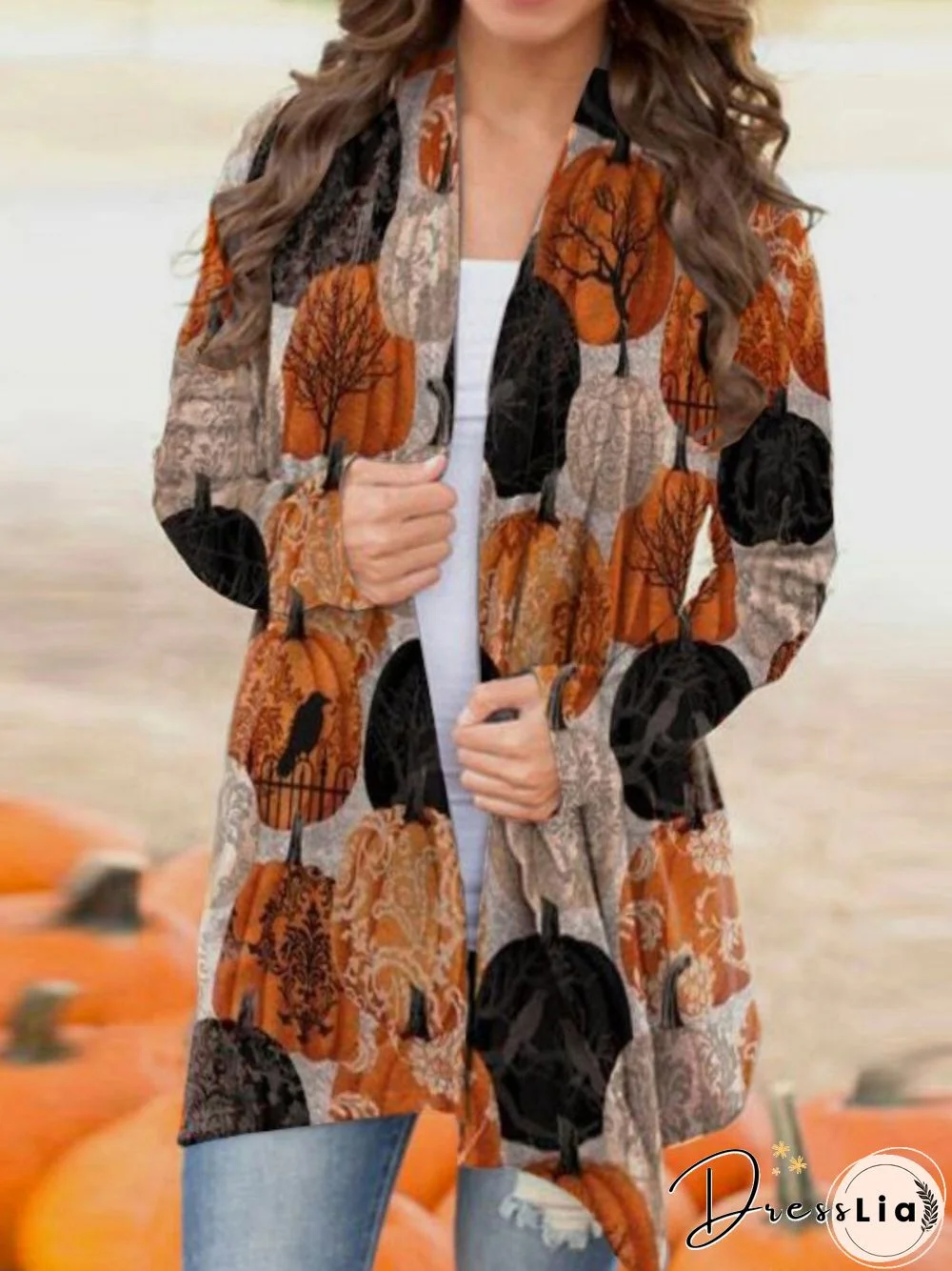 Casual Long Sleeve Plus Size Printed Cardigan