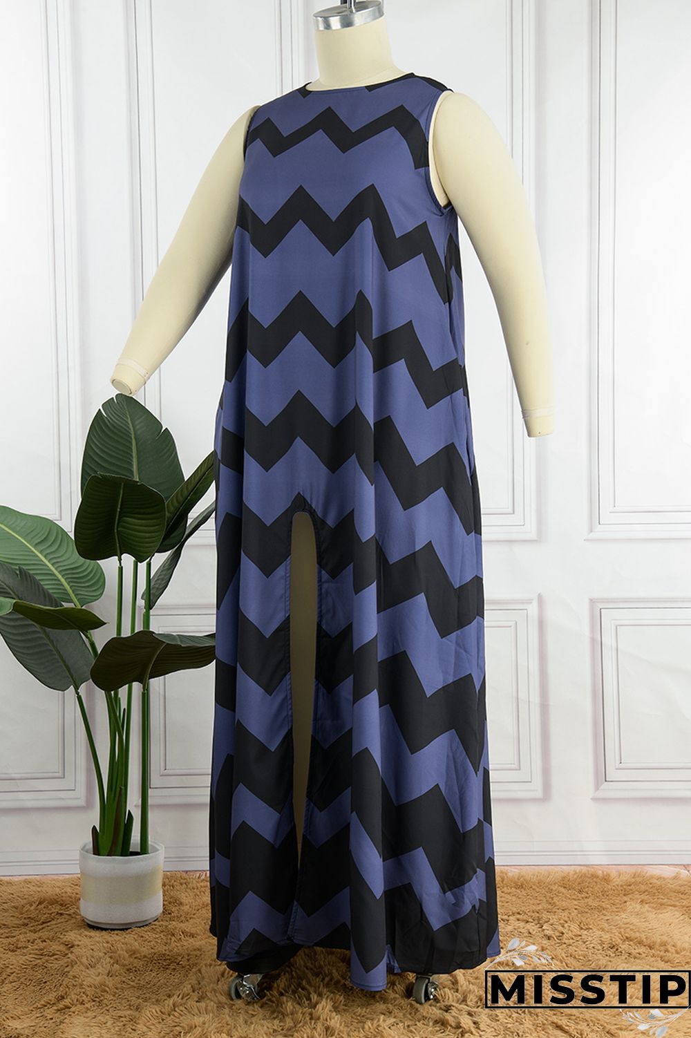 Gray Blue Daily Party Print Slit O Neck A Line Dresses