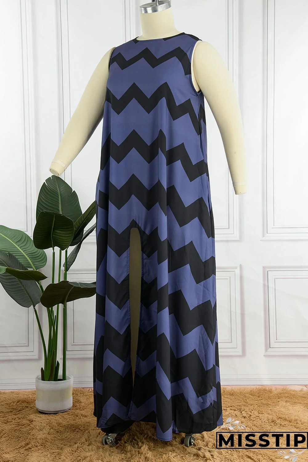 Gray Blue Daily Party Print Slit O Neck A Line Dresses