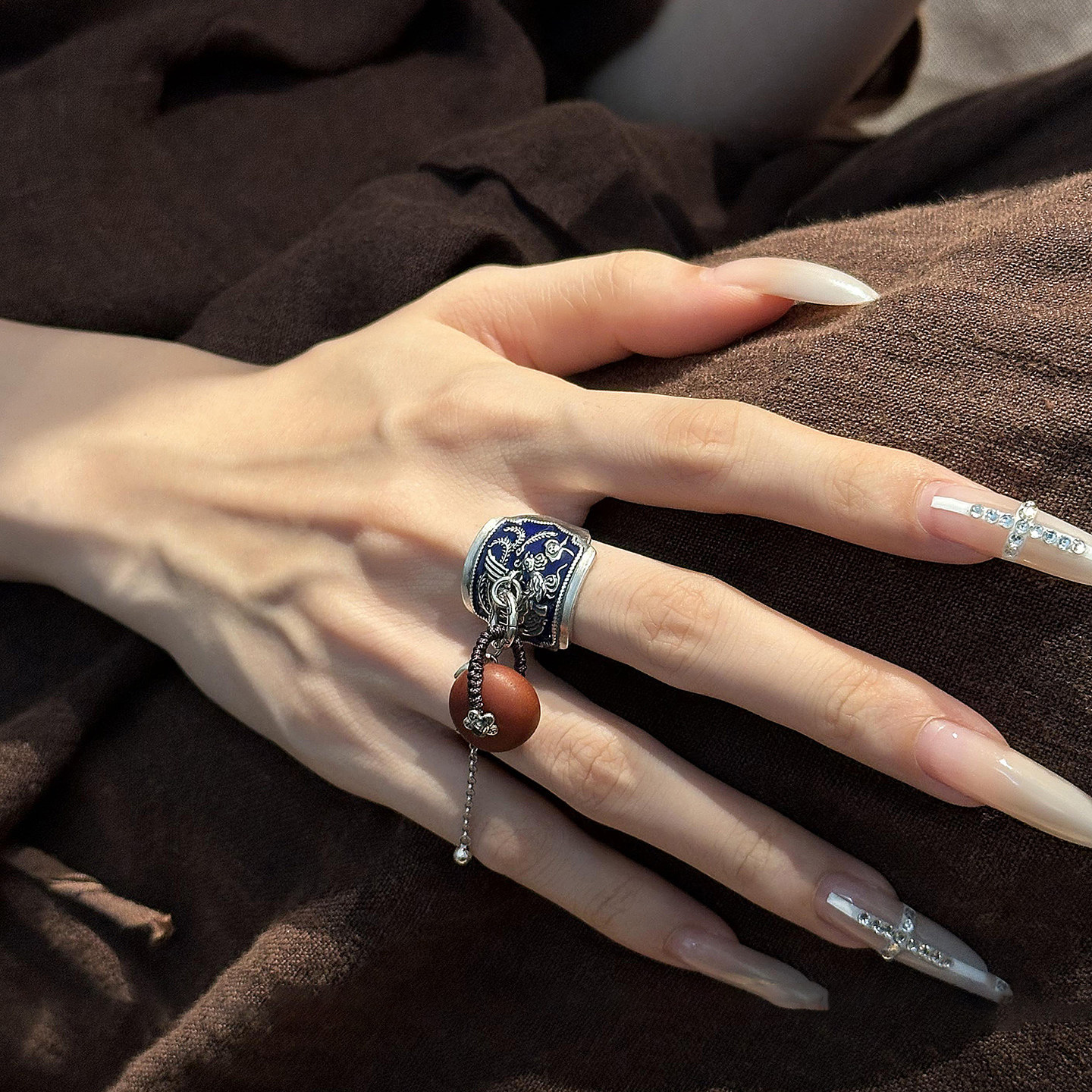 Retro Chinese style wheat ear tassel enamel phoenix ring for women new style versatile and niche design adjustable opening