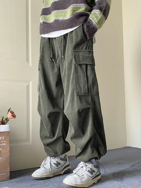 Brownm vintage men's corduroy trousers with large pockets and drawstring