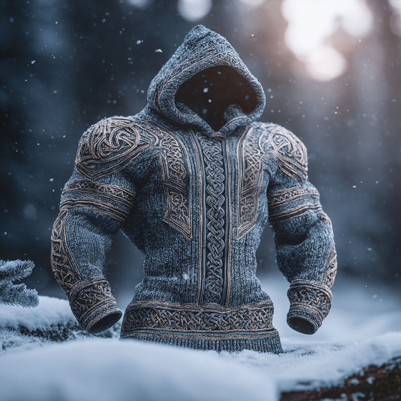 Men's Ancient Viking Tribal Art Inspired Winter Warmth Knit Woolen Hooded Sweater elevenforest