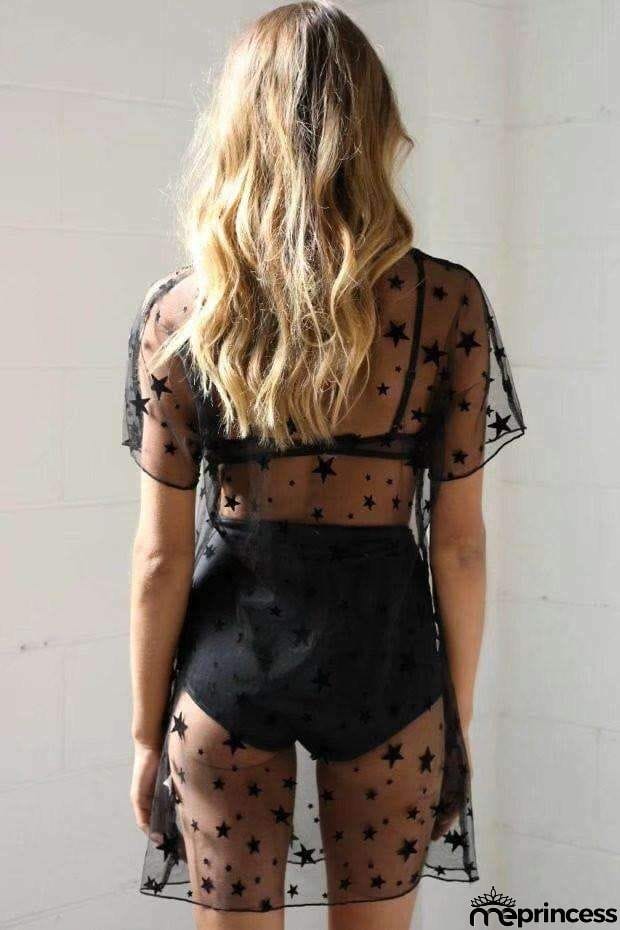 Black Stars Sheer Mesh Cover-Up T-Shirt Dress