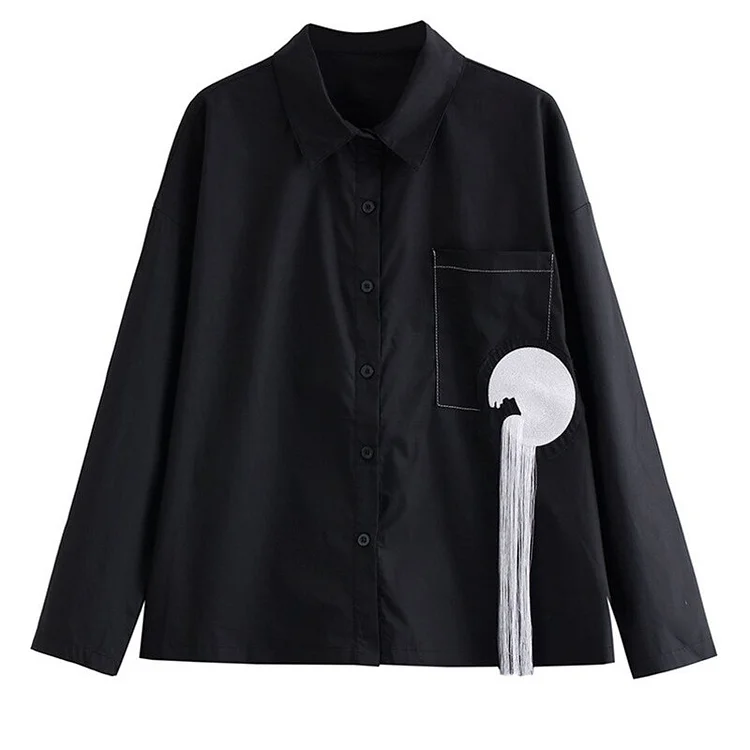 Fashion Loose Black Lapel Embroidery Tassels Decor Lapel Long Sleeve Shirt 