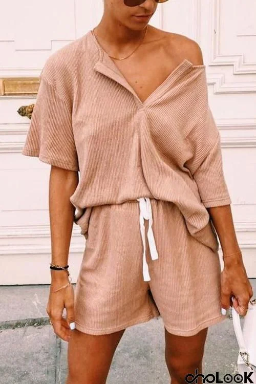 Solid V Neck Loose T Shirt Short Set