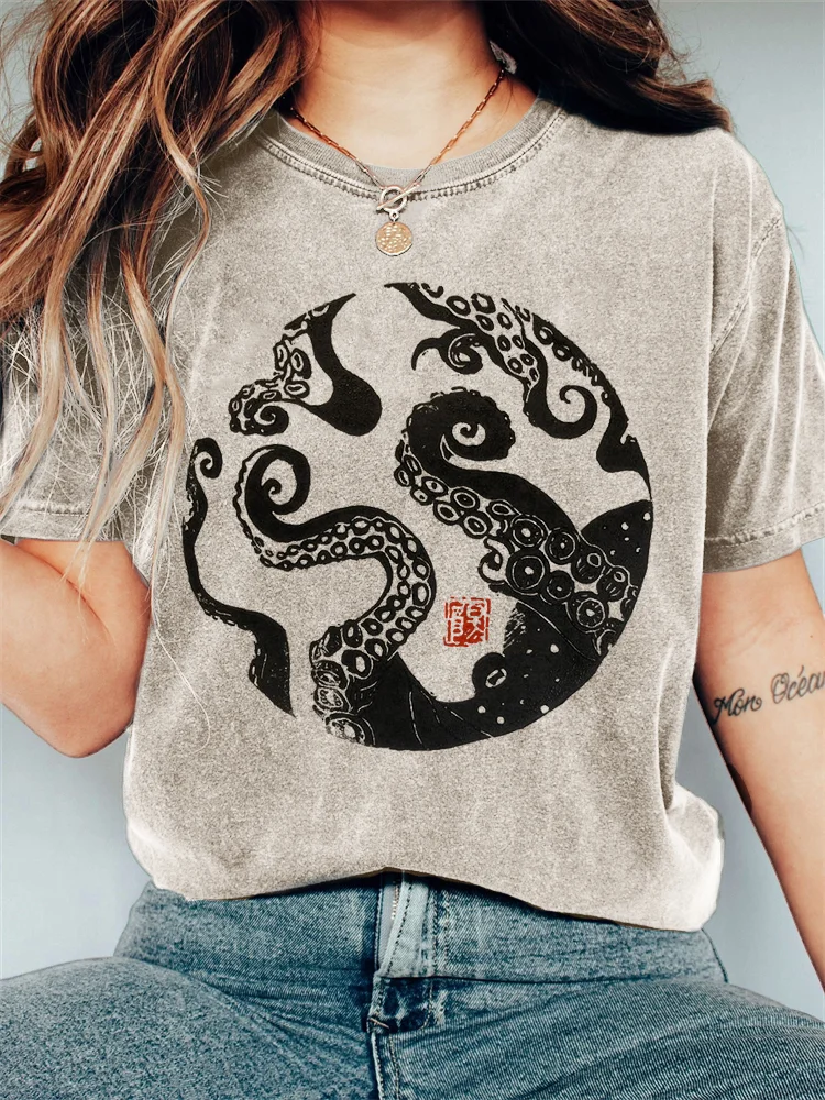 Octopus Japanese Lino Art Vintage Washed T Shirt