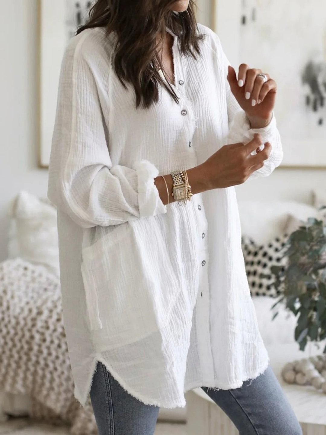 Women Long Sleeve V-neck Solid Color Tops