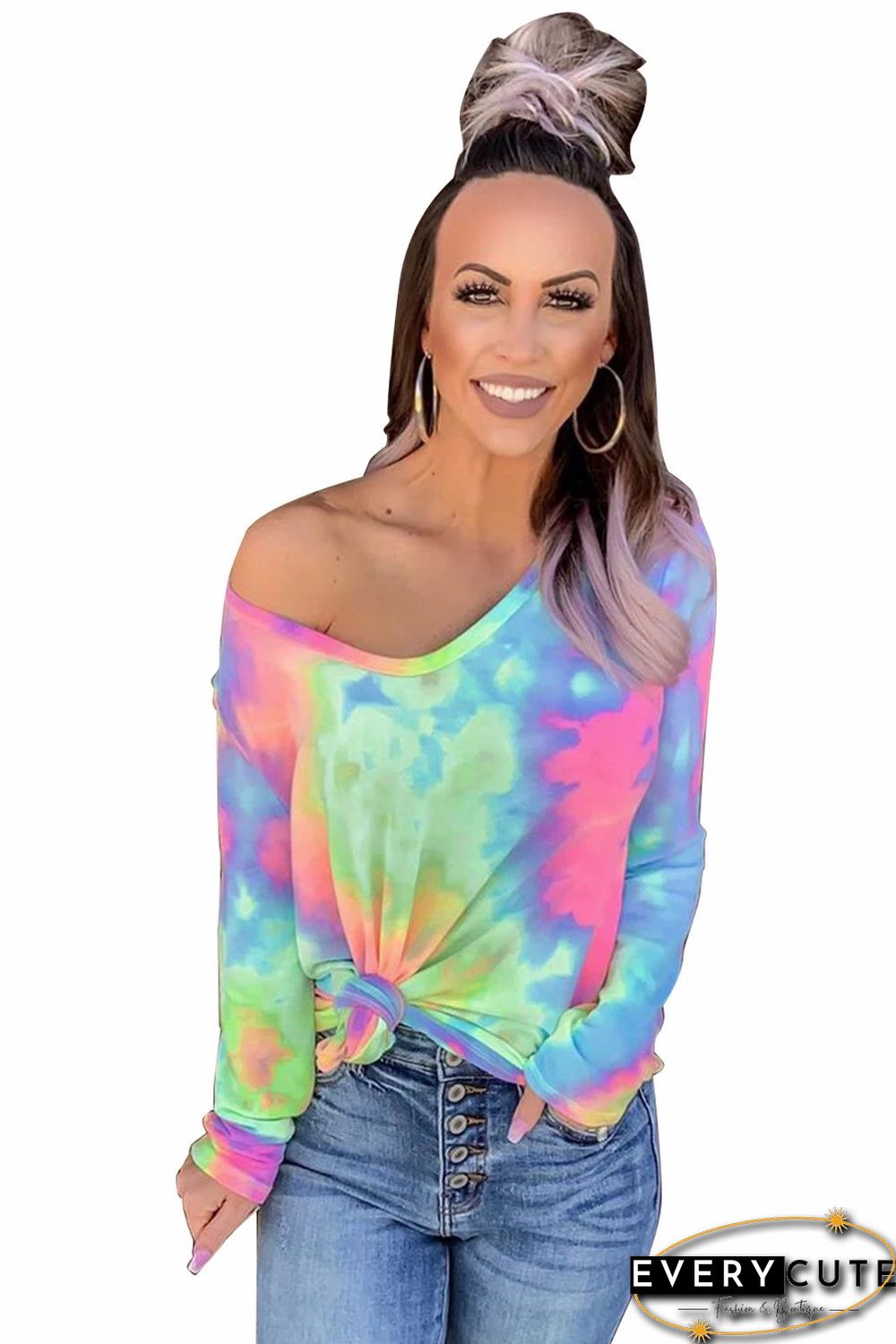 Green Tie-dye V Neck Long Sleeves Top
