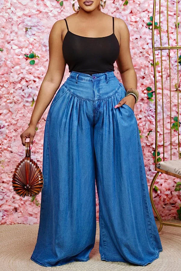 Fashion Solid Color Wide Leg Pants Washed Blue Jeans