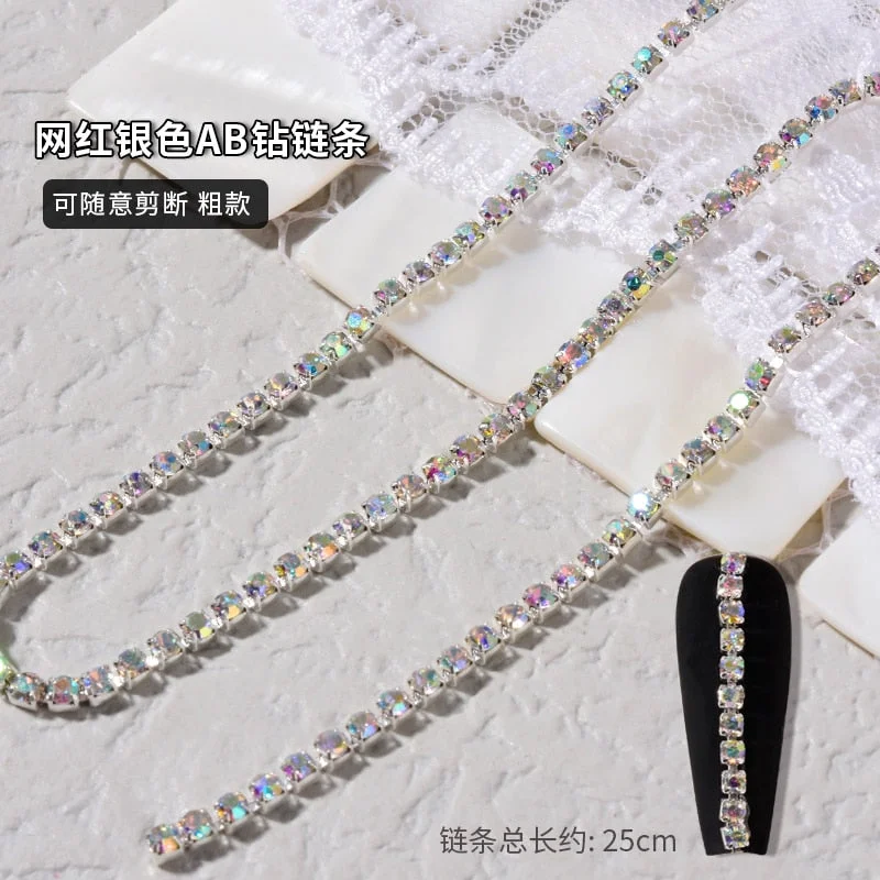 25cm Pearl Claw Chain Nail Rhinestone 3D Metal Silver AB Pearl Diamond Chain Can Be Cut DIY Charm Nail art Decorations Accessory