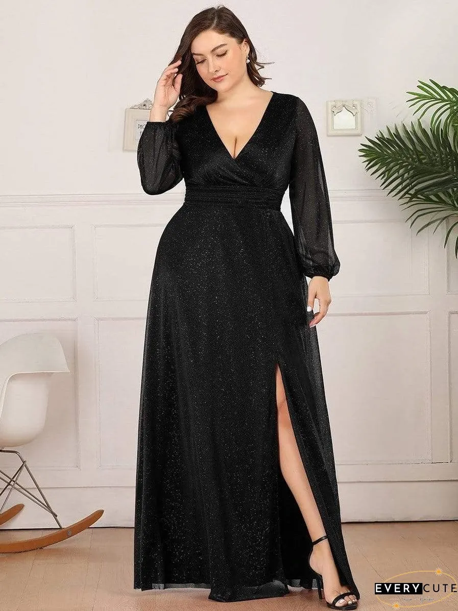 Shiny Puff Sleeve V-Neck Evening Gown for Curvy Women