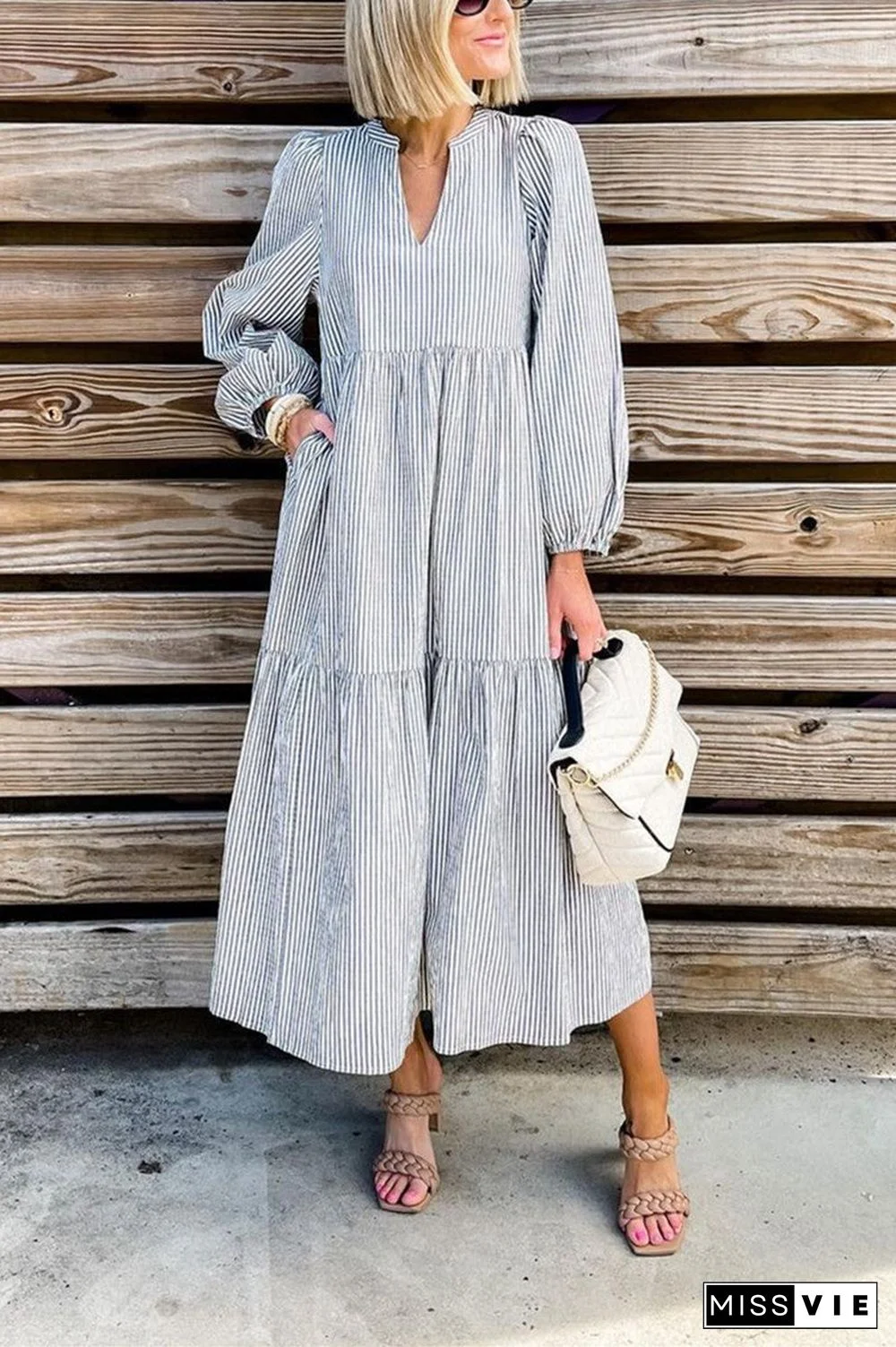 Fashion Casual Striped V Neck Long Dress Dresses