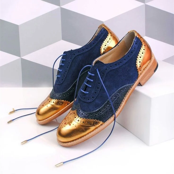 Women's Gold and navy Two Tone Wingtip Shoes Lace-up Flat Brogues |FSJ Shoes