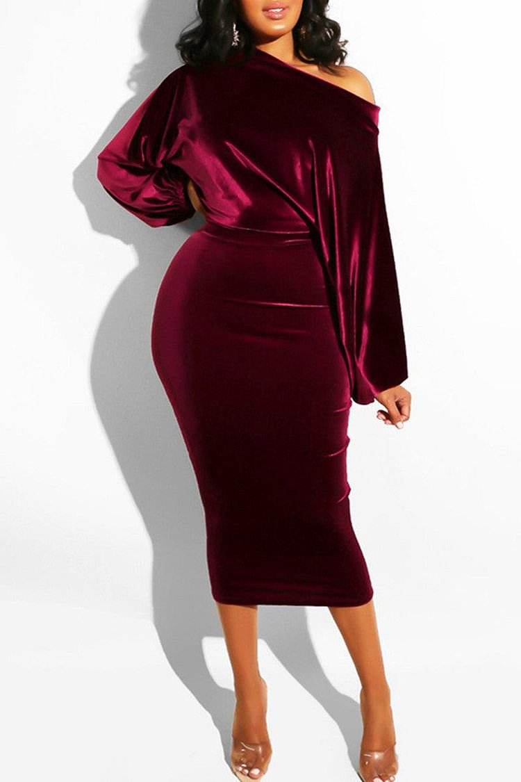 Xpluswear Plus Size Burgundy Velvet Long Sleeves One Step Midi Dress 