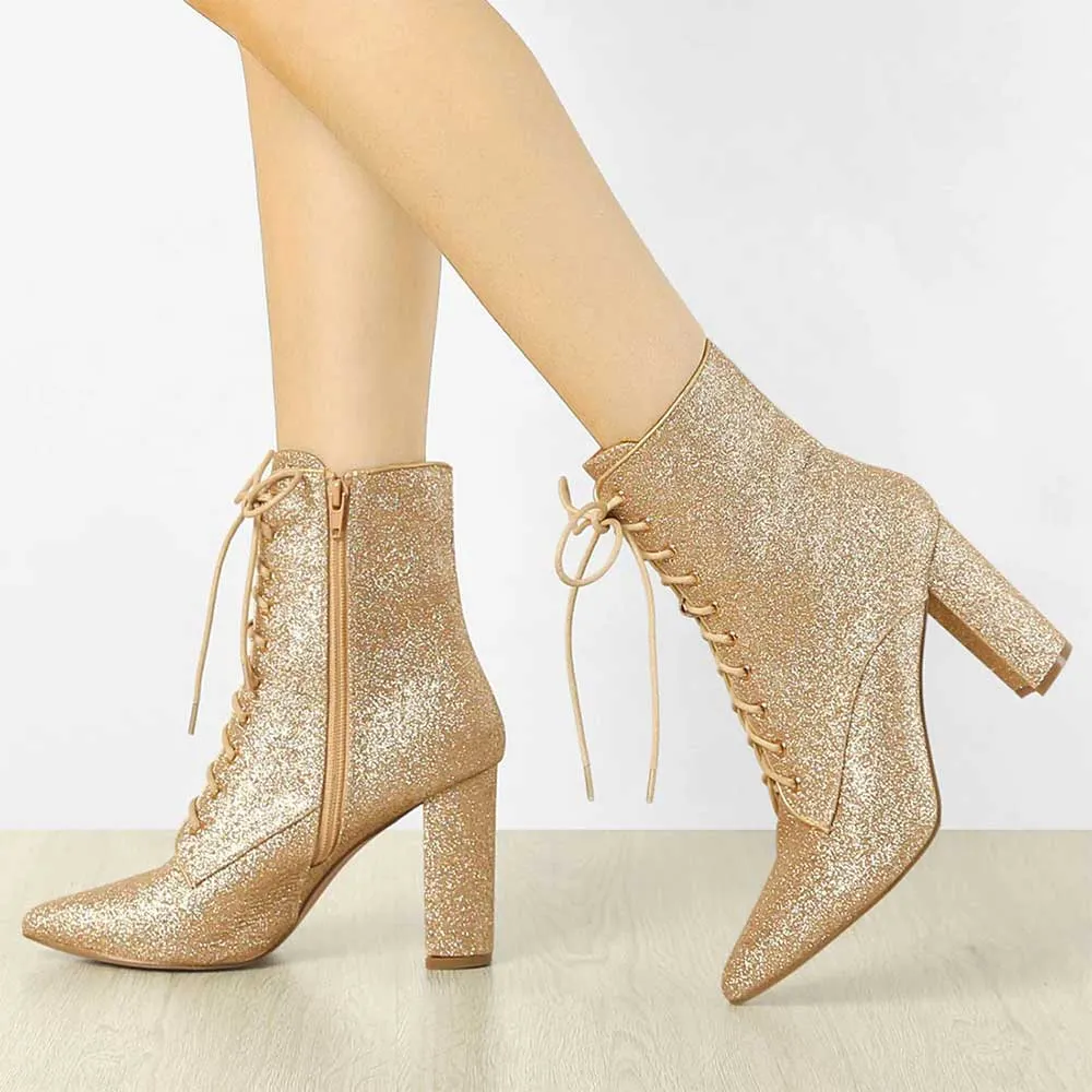 Eye-Catching Gold Pointed Toe Lace Up Side Zipper Glitter Boots