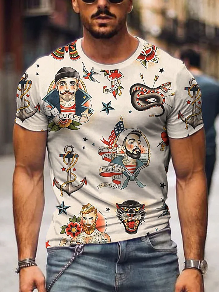 Men's Vintage Sailor Print  Short Sleeve T-shirt socialshop
