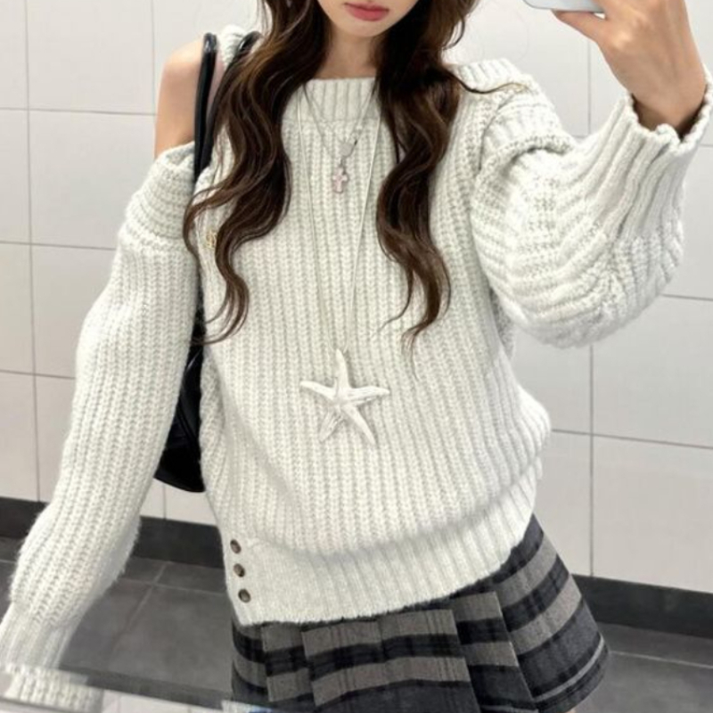 Korean Style Sexy Sweater – Süßer Off Shoulder Pullover mit langen Ärmeln