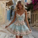 Women's Vintage Pink Rose Embroidery Art Suspender Mini Dress - Image 2