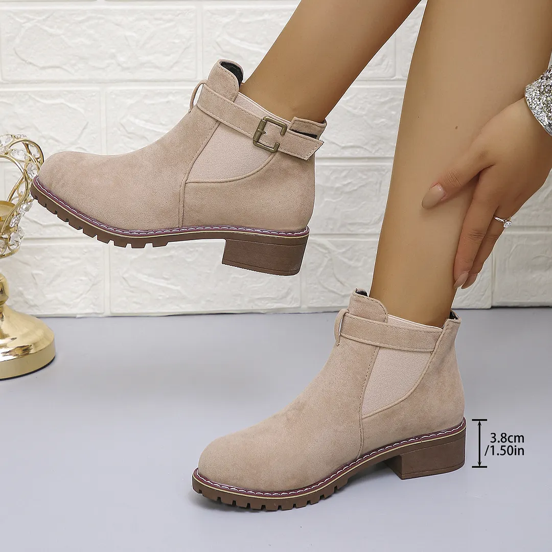 Breakj Breakj Women's Boots 2025 Autumn And Winter New Martin Boots Low-Heeled Square Belt Buckle Short Cylinder Tight Velvet Surface