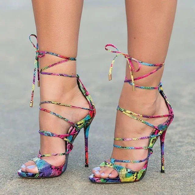 Multi color Strappy Sandals Lace up Stiletto Heel Sexy Shoes FSJshoes