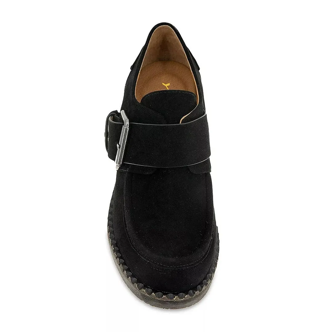 Black Vegan Suede Block Heel Round Toe Buckle Strap Women's Loafers