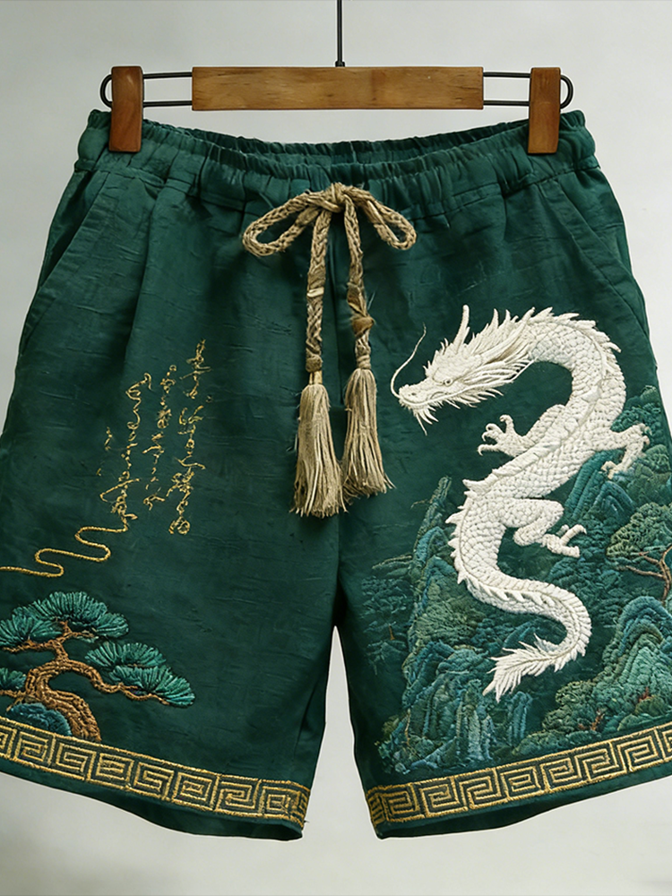Japanese Art White Dragon And Pine Green Pattern Retro Linen Shorts elevenforest