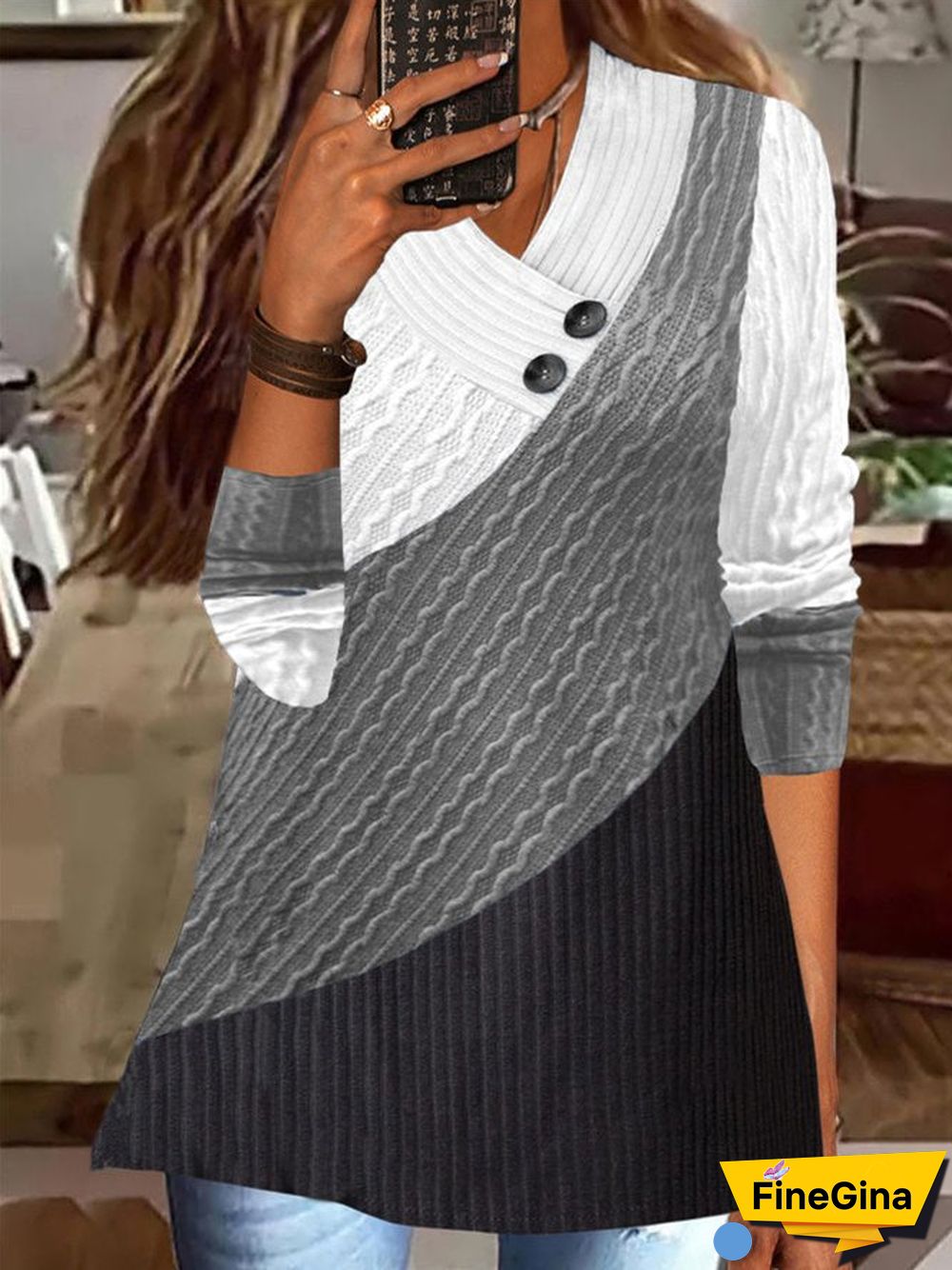 Women's Long Sleeve V-neck Colorblock Graphic Printed Top