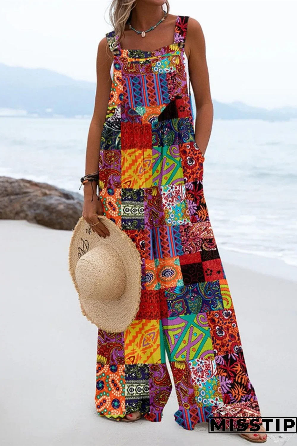 Multicolor Casual Printed Stitching Halter Strap Wide-leg Jumpsuit