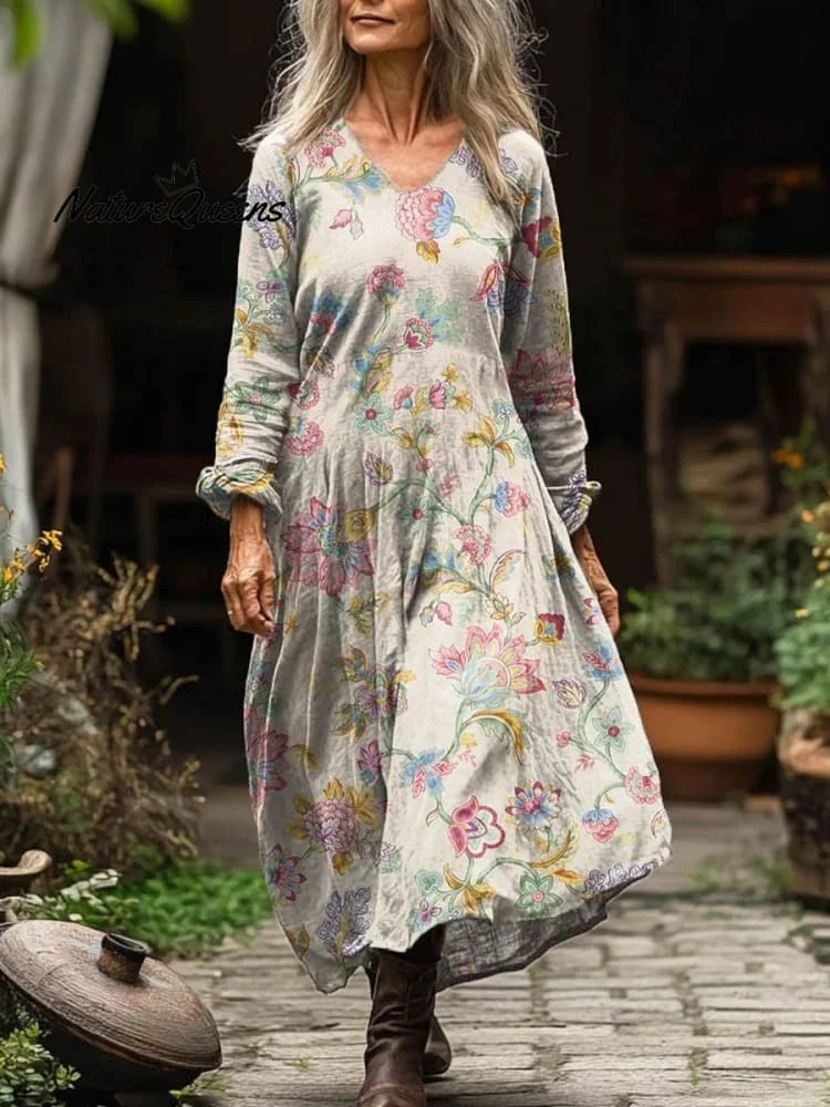 Women's Lovely Floral Art Print Pocket Cotton Dress