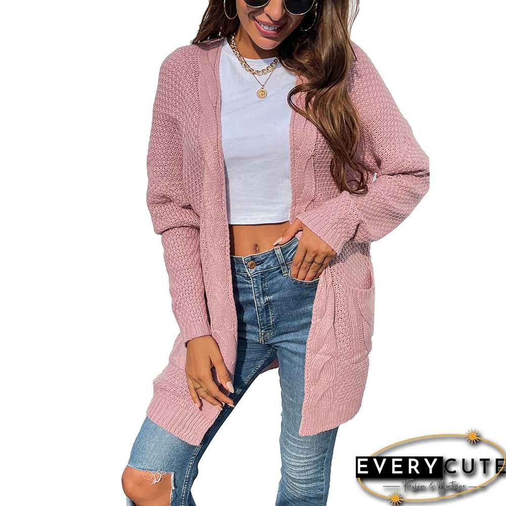 Pink Cable Knit Long Cardigan with Pocket