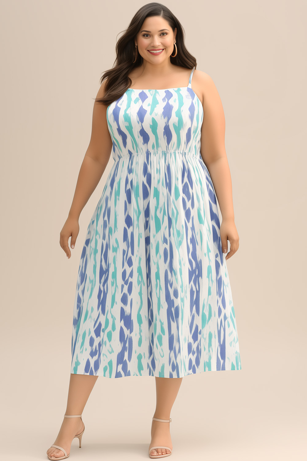 Flycurvy Plus Size Vacation Blue Cotton Water Ripple Print Cami Tea-Length Dress 2024 - Flycurvy 