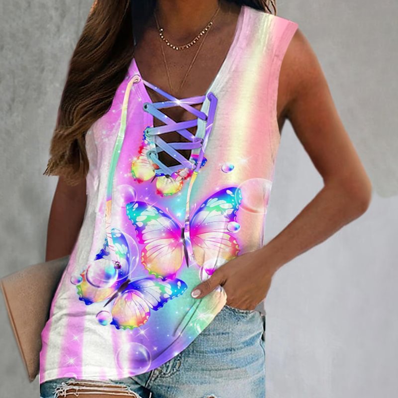 Women's Color Buttflies Print Lace Up Sleeveless Vest