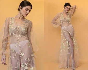 pornhint Pornhint Puffy Sleeves Nude Boudoir Dress F-82