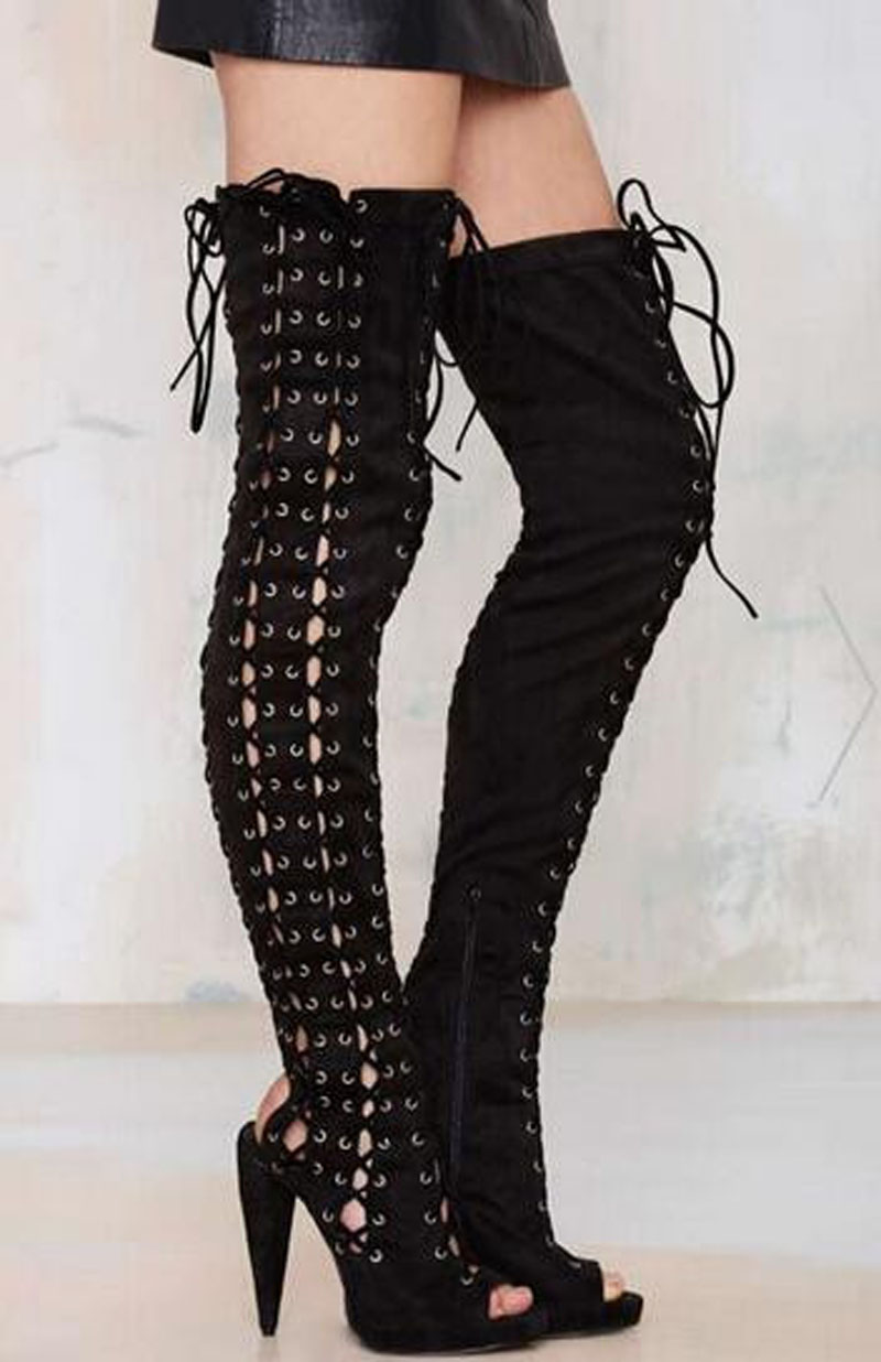 VCSHOES Women Open Toe Black Suede Leather Over Knee Gladiator Boots Cut-out Spike Heel Long Boots Shoes