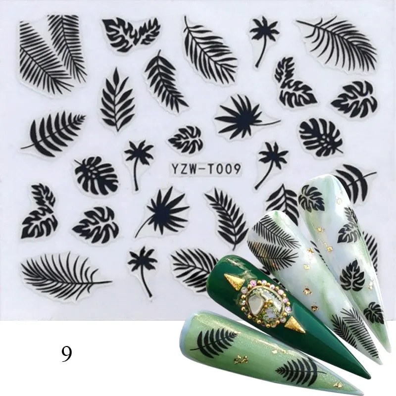 1 Sheet 3D Stickers For Nails Black Letter Leaf Flower Patterns Slider Nail Art Manicure Adhesive Tips Decals DIY Decorations-Nail Inspo
