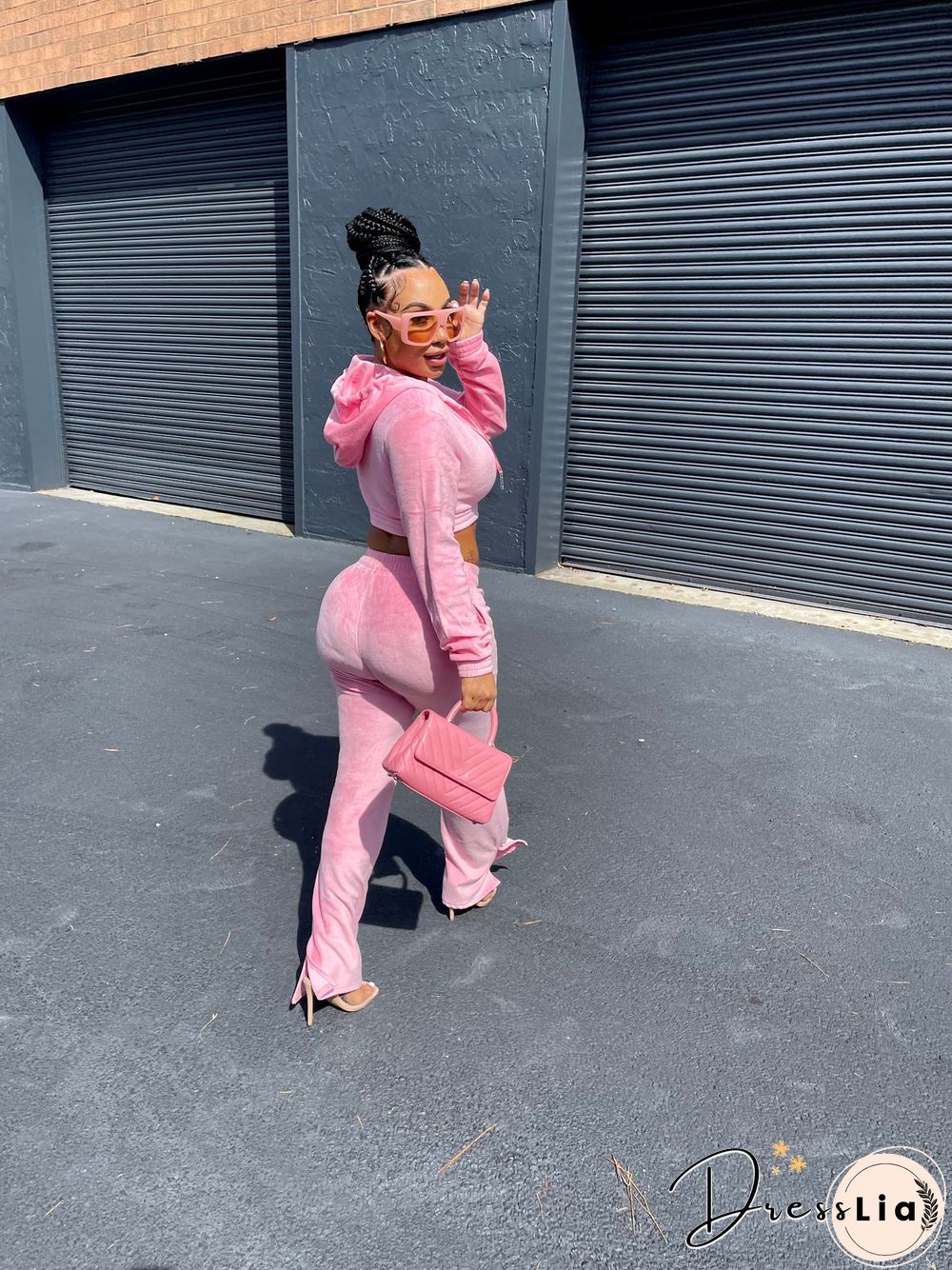 Zipper Hooded Jacket Flare Pants Velvet Two Piece Set