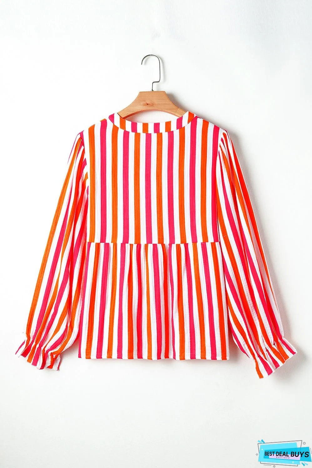 Orange Stripe Balloon Sleeve Notched V Neck Buttoned Front Blouse