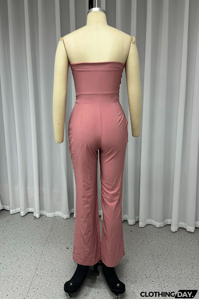 Casual Street Solid Color Buttons Irregular Strapless Regular Jumpsuits