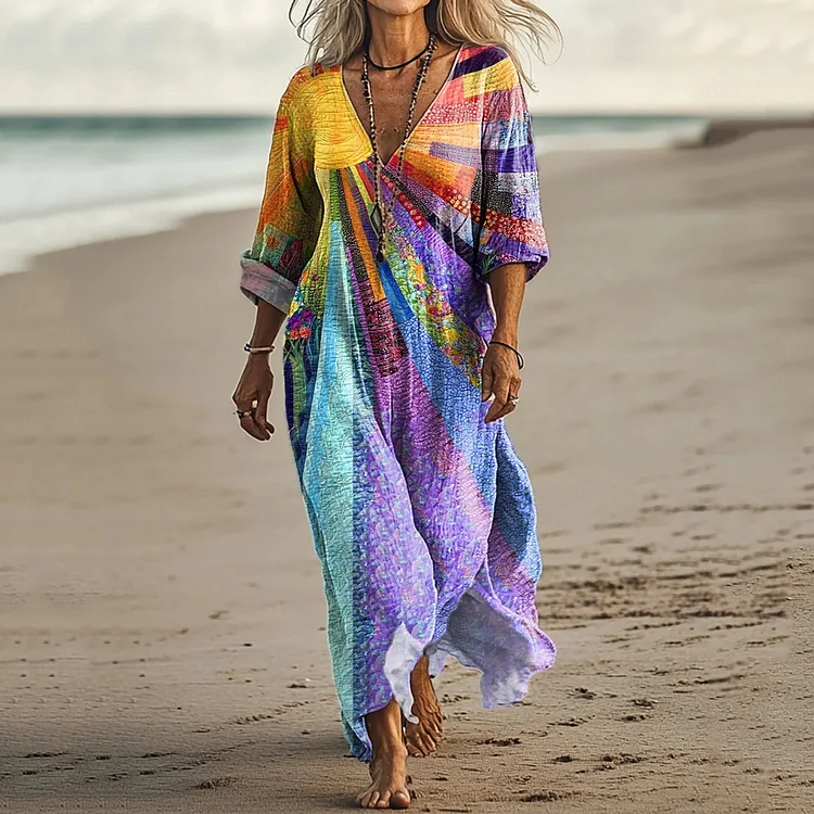 Vintage Colorful Warm Sunshine & Sea Of Flowers Art Linen Blend Maxi Dress