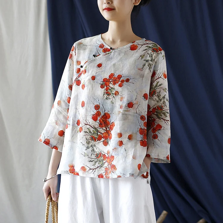 Ethnic Style Ramie Print Long Sleeve Shirt - yankia