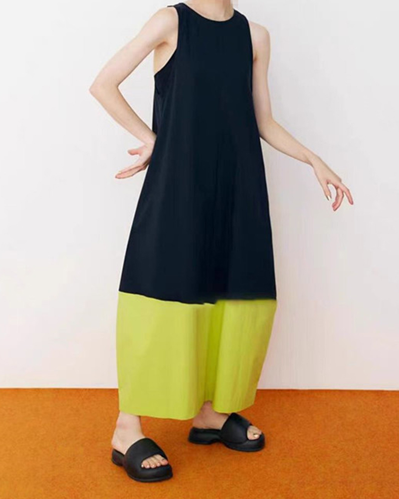 Colorblock Sleeveless Side Pockets A-Line Midi Dress
